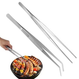 Pack of 2 kitchen tweezers, 30 cm stainless steel cooking tweezers, curved tweezers, frying tongs, meat tongs, professional long cooking tweezers for BBQ, seafood, coating and serving