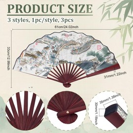 PH PandaHall 3 Models Folding Fan with Traditional Chinese Painting Fabric Hand Fan Large Hand Fan Chinese Style Folding Fan with Calligraphy Pattern for Parties, Dance Performances, Cosplay