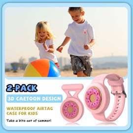 [2in1] for AirTag Bracelet & AirTag Holder with Pin, Kids Airtag Case and Kids Air Tag Bracelet Waterproof Air tag Holder Cute Design Soft Silicone Air Tag Case for Children Teens (Pink-Donuts)