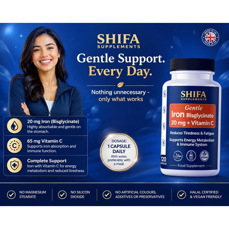 SHIFA Supplements Halal Iron Bisglycinate 20 mg + Vitamin C
