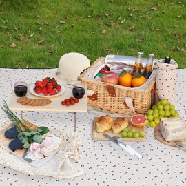 HappyPicnic Picnic Basket for 2, Handmade Wicker Picnic Set with Folding Table and Waterproof Blanket, Large Insulated Picnic Basket with Wine Bag & Cutlery Kit for Picnic, Camping, Holidays (Flower)