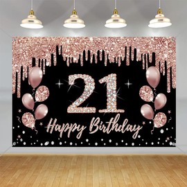 21st Birthday Decorations for Girls, Party Decoration Black and Rose Gold, 21st Birthday Fabric Sign Hanging Poster, 21st Birthday Background Banner Party Welcome Sign