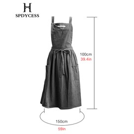 SPDYCESS Cotton Linen Apron, Japanese Style Pinafore with Pockets, Casual Bib for Cooking, Gardening, Coffee Shop, One Size, Black