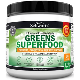 Super Greens Powder Superfood - Greens Powder with Probiotics Prebiotics Digestive Enzymes and 43 Green Superfoods - Chlorophyll Bilberry Chlorella Spirulina Grass - Tastes Amazing - 30 Servings