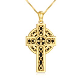 YAFEINI Sterling Silver Cross Necklace for Women and Girls Gold-Plated Scottish Thistle Cross Pendant Necklace Black Onyx Irish Celtic Jewellery Gifts, 18 carat gold plated