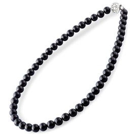 Formal Onyx Necklace, New Jet Black Version, Women's, 0.3 inch (8 mm), Total Length 16.5 inches (42 cm), Made in Japan, Deep Jet Black Glossy Ball, For Vigorous Nights, Funerals, First Anniversary