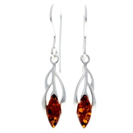 Genuine Oval Cognac Baltic Amber and 925 Sterling Silver Drop Modern Style Earrings - GL198C