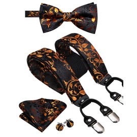 Dubulle Mens Clips Suspenders and Pretied Bowtie Set Y Shape Adjustable Paisley Checks Braces Pocket Square,Orange Black