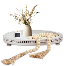 RETON Round Wood Tray with Wood Bead Garland for Home Decor, Wooden Decorative Serving Tray, Distressed Coffee Table Trays for Farmhouse Rustic, Kitchen, Living Room, Dining Table (White)