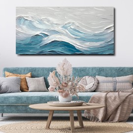TRAIN2 ART Abstract Wall Art for Living Room Blue and White Ocean Paintings Wall Decor Modern 3D Textured Canvas Wall Art Large Artwork for Living Room Bedroom Office 24"x48"
