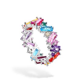 Michooyel Eternity Rainbow Ring Band Ring for Women Girls Rhodium Plated Baguette Eternity Ring with Multicolor Cubic Zirconia