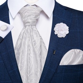 DiBanGu White Ascot Ties for Men Paisley Cravat with Pocket Square Lapel Pin Cufflinks Silk Selftied Scarf Tie Wedding Ascot