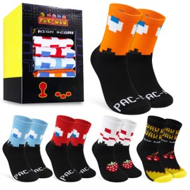 Pac-Man Calf Socks for Men Women Teens Breathable Pack of 5 Soft Socks Retro Funny Gifts for Him (Black/Multi, 9/12 UK)