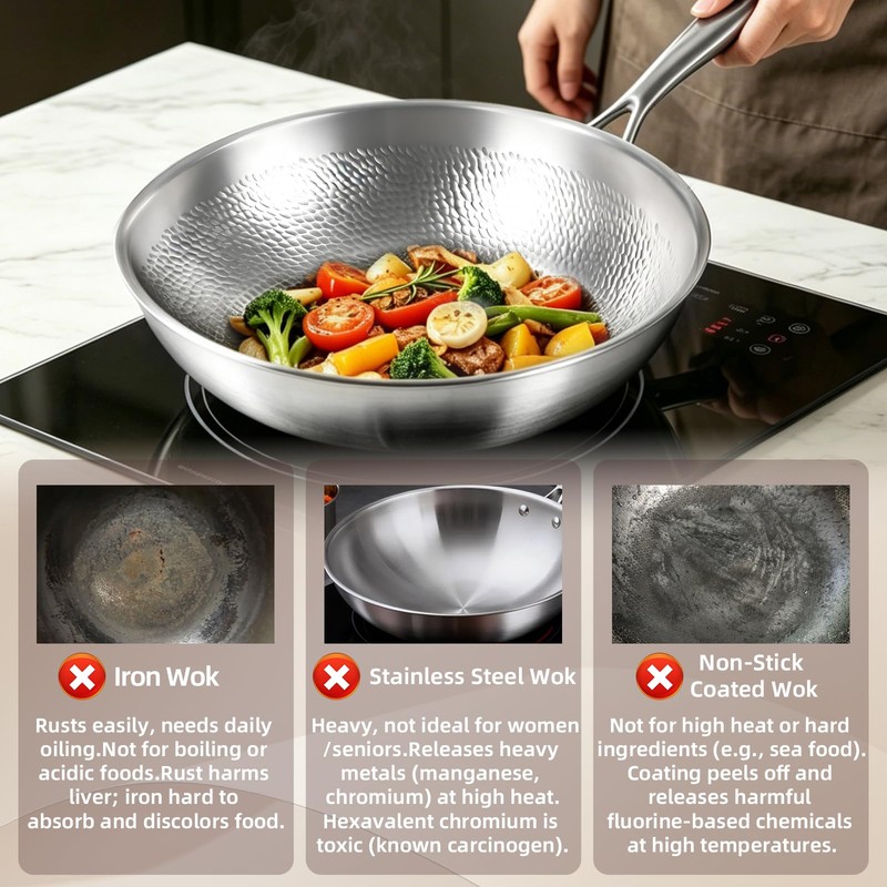 Pure Titanium Wok,12.6" Flat Bottom Wok Pan with Lid