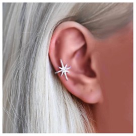 Allereya Vintage Crystal Northstar Stud Earrings Rhinestone North Star Earrings Silver CZ Starburst Earrings Sparkling Star Cartilage Earrings Jewellery for Women and Girls (Silver)