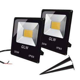 GLW 30W LED Flood Light 12V~24V AC/DC Outdoor Landscape Lighting 3000K 2700LM Warm White Waterproof Work Light with Spike Stand【2 Pack】