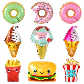 Pack of 9 Donut Balloons, Giant Foil Balloons, Ice Hamburger Frits, XXL Helium Balloons, Ice Cream, Popcorn Balloons, Decoration Set for Girls, Boys, Summer, Sweet Food, Birthday, Children's Party
