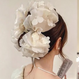 Rannyrena Large Floral Hair Claw Clip for Women Chiffon Tulle Organza Bow Barrette Strong Hold for Thick Thin Long Hair Bridal Wedding Hair Accessory (White)