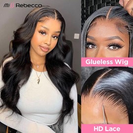 MISS REBECCA Body Wave Lace Front Wigs Human Hair Glueless HD Lace Front Wig Pre Plucked 13X4X4 Lace Closure Wigs Human Hair Wigs for Black Women (16 Inch Natural Black)