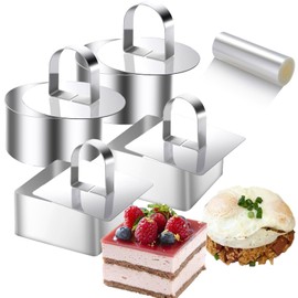 DATANYA - Paquete de 9 moldes de anillos de comida de 3.15 pulgadas con collares de 3 pulgadas, anillos de acero inoxidable redondos y cuadrados para cocinar con prensadores, rollos de hojas de