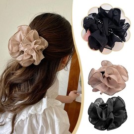 Large Black Chiffon Claw Hair Clip with Rose Design, Non-Slip Hair Clips, Hair Accessories for Women and Girls