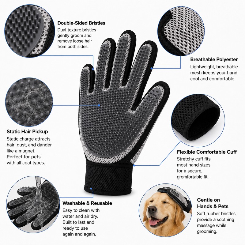 Pet Hair Removal Gloves for Grooming & Cleaning – Double-Sided
