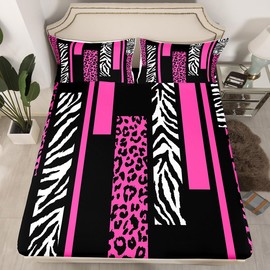 Leopard Zebra Skin Sheet Full Size,Cheetah Wild Animals Rustic Bedding Set,Girls Women Room Decor,Geometric Squares Patchwork Rose Pink Romantic Bed Sheet Set 4pcs(Fitted + Flat + 2 Pillowcases)