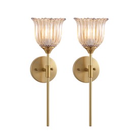 BYOLIIMA Gold Wall Sconce Set of 2 with Amber Glass Shades Modern Mid Century Bathroom Vanity Wall Light Fixtures Industrial Brushed Brass Wall Lamp for Bedroom Mirror Living Room Restaurant