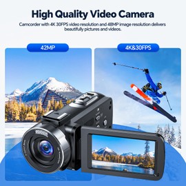 Videokamera 4K 42MP Camcorder 18X Digitalzoom kamera Video recorder, 3,0 Zoll 270° drehbarer Bildschirm Video Camera Vlogging Kamera für Youtube mit 32 GB SD-Karte, Akkus, Fülllicht, Fernbedienung