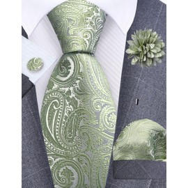 GUSLESON Sage Green Tie for Men Wedding Silk Paisley Necktie Pocket Square Cufflinks and Lapel Pin Brooch Set (6103-38)