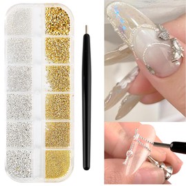 FSpronail Nail Beads with Nail Magnet Picker Tool 12 Grid 3D Caviar Beads Metal Nail Charms Gems Mixed Sizes Gold Silver Steel Balls Nail Art Design Decoration Manicure DIY Supplies