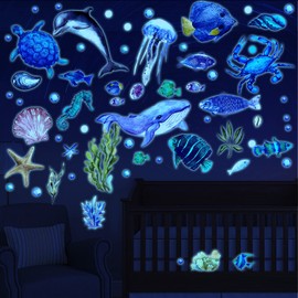 52 Pcs Ocean Fish Wall Decals Glow in The Dark Under The Sea Wall Decals Sea Animals Wall Stickers Removable Waterproof Peel and Stick for Kids Bathroom Watercolor Ocean Decor (Cute Style)