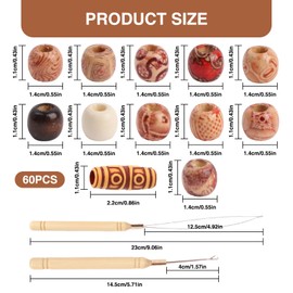 LOGJAM 60 Pcs Wood Hair Beads for Braids and 2 Pcs Needle Threading Device, Vintage Beads for Braiding Dreadlocks Craft Making