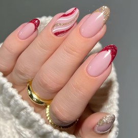 Christmas Press on Nails Medium Almond French Tip Fake Nails with Gold Red Glitter Design Christmas Glue on Nails Full Cover Christmas Stick on Nails for Women Christmas Nail Art Decoration 24Pcs