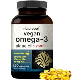 Vegan Omega 3 Algae Oil Supplement, 120 Veggie Softgels | Carrageenan Free, Plant-Based DHA & DPA | Fish Oil Alternative | Full Spectrum of Omega 3 with Flaxseed & ALA | Lemon Flavored