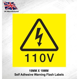 110V Warning Flash Labels - 19mm x 19mm Permanent Synthetic PE Labels - Price per Pack of 50 Labels (P/NO. 78276)