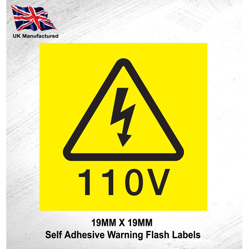 110V Warning Flash Labels - 19mm x 19mm Permanent Synthetic