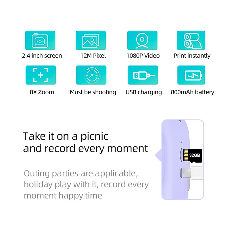 Andoer 3-in-1 Multifunctional Instant Camera Childeren's Instant Print Camera 2.4-inch