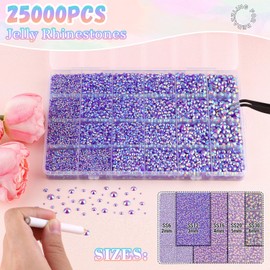 25000Pcs Resin Jelly Rhinestones with Tweezers for Crafting, 2-6mm Mixed Sizes (Dark Purple AB) Non Hotfix Flatback Gems, Bedazzling Crystal for DIY Crafts Clothing Tumblers Mugs Shoes Decor Nail Art