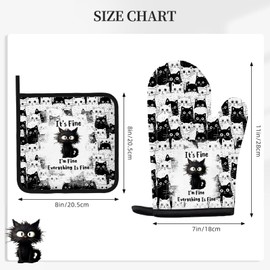 Black Cat Oven Mitts and Pot Holders Sets 3PCS, Cat Silicone Heat Resistant Oven Mitts Brithday Gifts for Cats Lover, Cute Cats Pot Holder Non-Slip Silicone Oven Gloves for Mom Wife Sister BFF