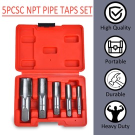 Professional 5 Piece NPT Pipe Tap Set, Carbon Steel NPT Thread Forming Taps and Drill Bits Series Set Tool, Sizes Includes 1/8", 1/4", 3/8", 1/2", 3/4" in Storage Case