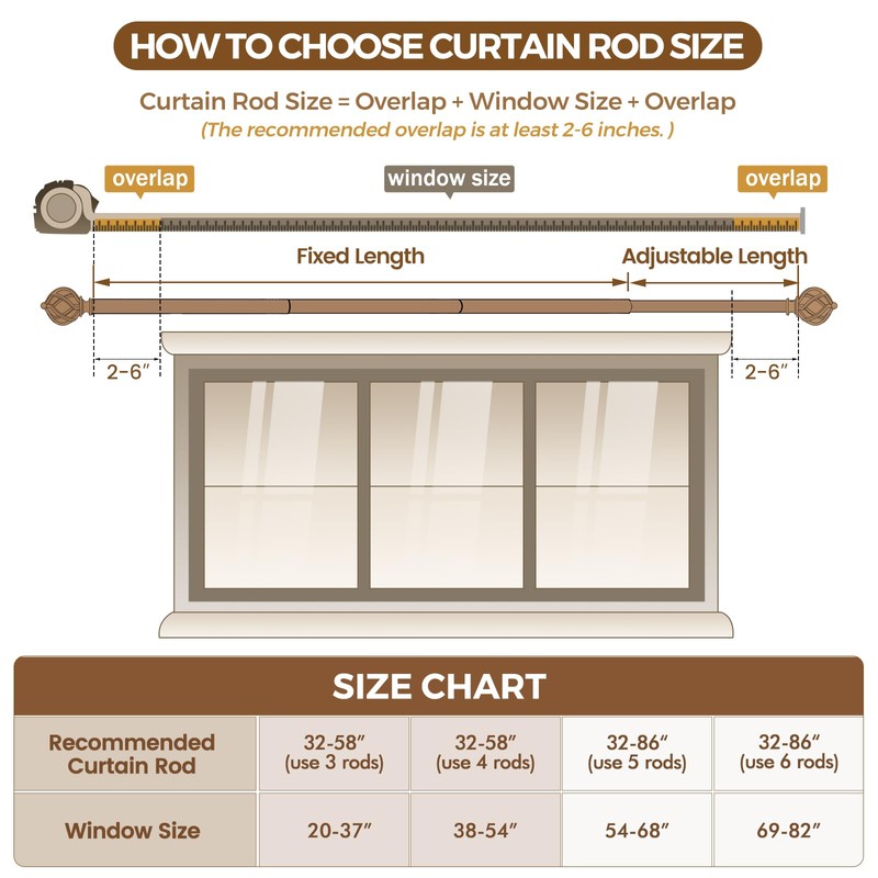 KAMANINA Bronze Curtain Rod 32 to 58 Inch(2.6-4.8ft), Adjustable Curtain