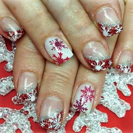 Red Christmas Press on Nails Short Square Fake Nails with Glue Reusable Xmas Snowflake False Nails Full Cover French Tip Acrylic Nails Silver Glitter Stick on Nails for Women Girls Nail Designs 24Pcs