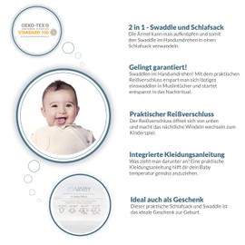 VABY Baby Sleeping Bag for Newborns, 2 in 1, Oeko-Tex® Cotton and Bamboo Sleeping Bag with Zip, Newborn Sleeping Bag (0-4 Months), Boys and Girls, 1.5 TOG