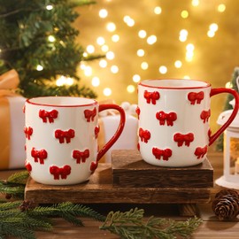 Didaey Set of 2 Christmas Bow Mugs 15oz Ceramic Holiday Coffee Cups with 3D Red Christmas Bow Design Xmas Winter Festive Holiday Drinkware Mugs Gifts for Hot Chocolate, Coffee or Tea