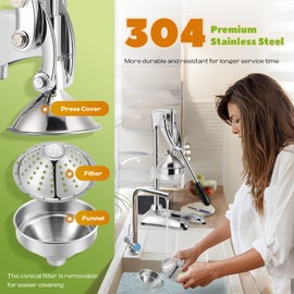 Luzrise Manual Juicer Hand Press Professional Citrus Juicer Countertop Metal Orange Lemon Pomegranate Squeezer for Commercial Home Restaurant Use( Stainless Steel Heavy Duty Extra Large 7.4*9.8*19.3")