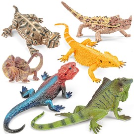 zoopal 6PCS Large Lizard Toys, Realistic Plastic Reptile Animal Figurine Toys Includes Bearded Dragon,Green Iguana,Frilled,Coast Horned,Plains Rock Lizard Figures...Educational Learning Toy for Kids