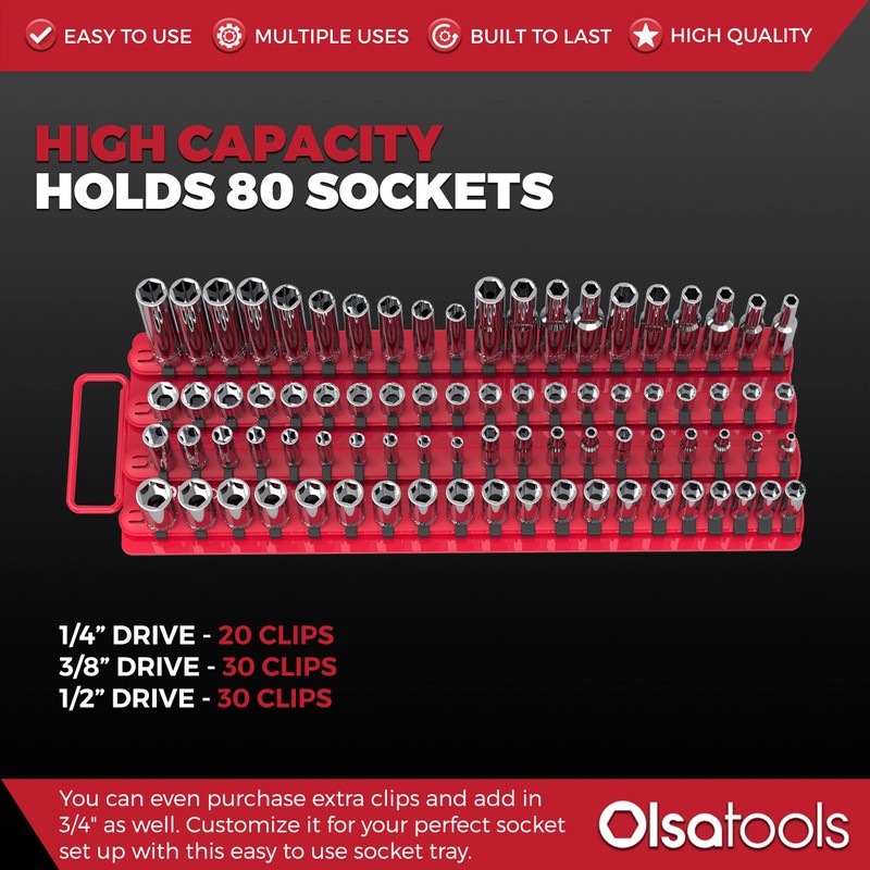 Olsa Tools Socket Organizer Tray - Portable Red Rail with