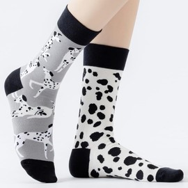 Angelteers 2 Pairs Cartoon Animal Crew Socks Fun Cotton Mid Calf Socks for Women (US, Alpha, One Size, Regular, Regular, Dalmatian)
