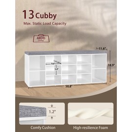 DINZI LVJ Shoe Storage Bench with Cushion, 13-Cubby Shoe Rack, Adjustable Shelves, Multifunctional Shoe Organizer Bench for Entryway, Mudroom, Hallway, Living Room, Bedroom and Garage, White